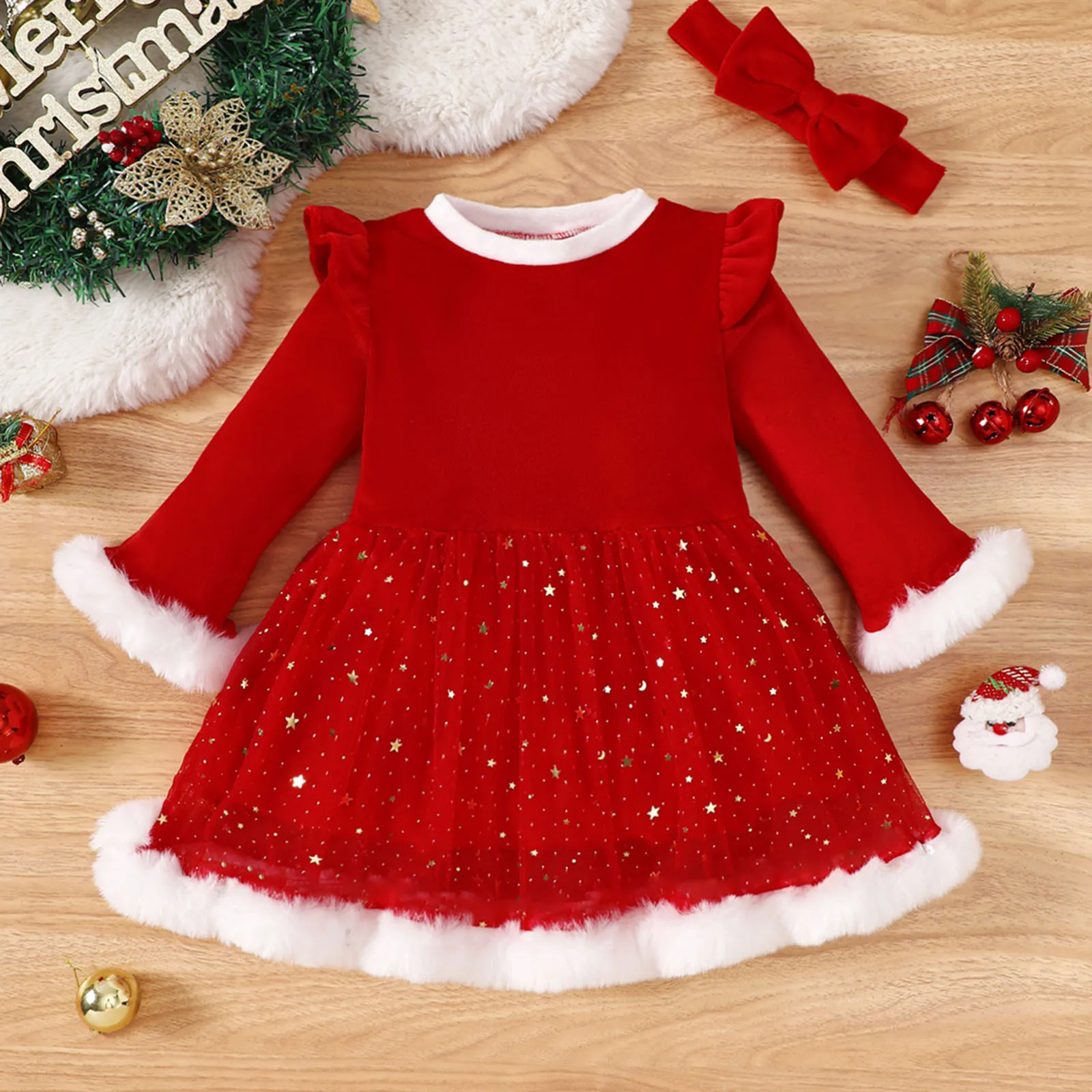 3-24M Christmas Newborn Infant Baby Girls Winter Fleece Dress Ruffle Long Sleeve Tulle Sequins Party Dress Red Xmas Costumes