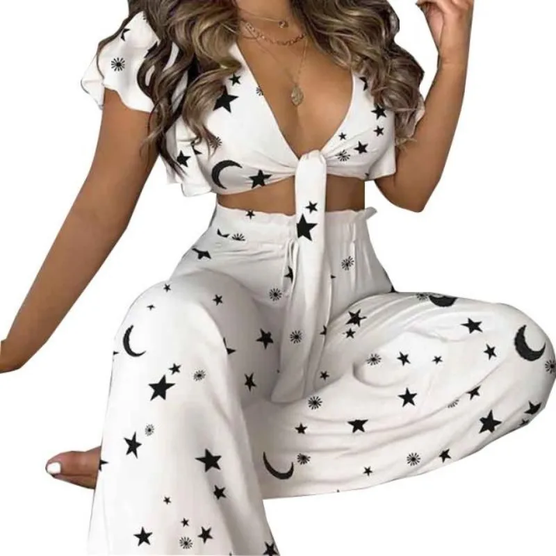 Summer new women's sexy ruffled lace top casual pants two-piece set