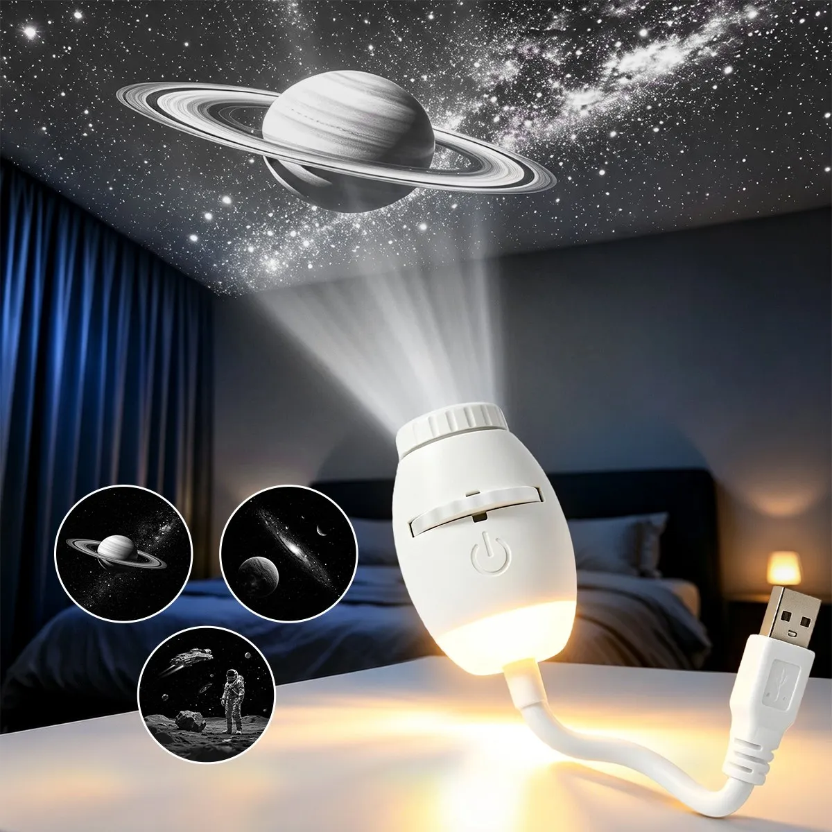 USB Starry Sky Projection Night Light with 3 Interchangeable Patterns; Suitable for Use in Cars and Bedrooms.