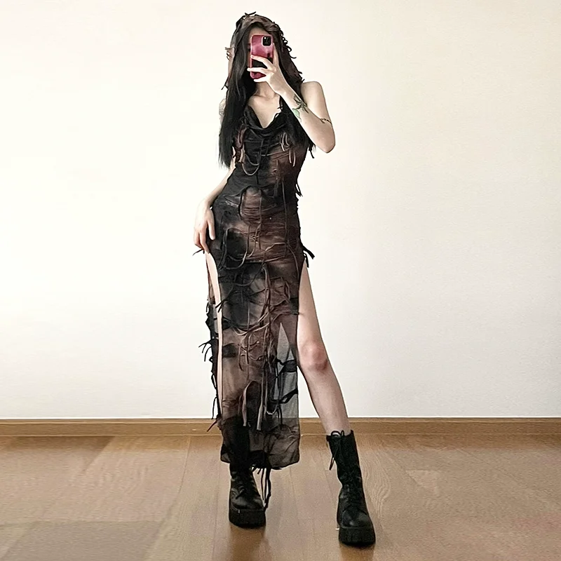 

New Summer Harajuku Splicing Brown Sexy Split Dress Hot Girl Fashion Temperament Vintage Kawaii Hooded Dress