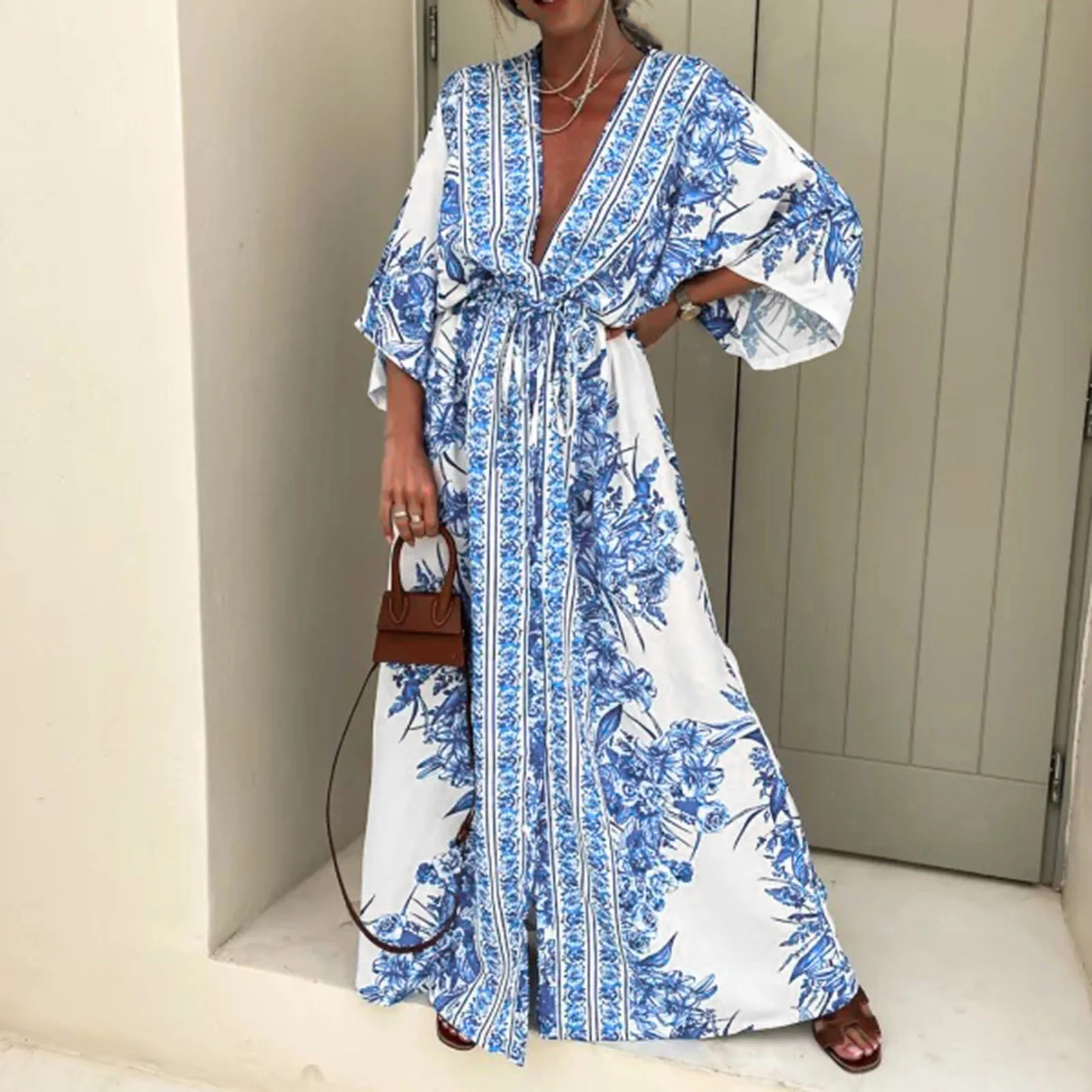 

Ladies Fashion Elegant Deep V-neck Bohemian Holiday Beach Long Dress Women's Summer Vintage Loose Big Hem Lace-up Maxi Dresses