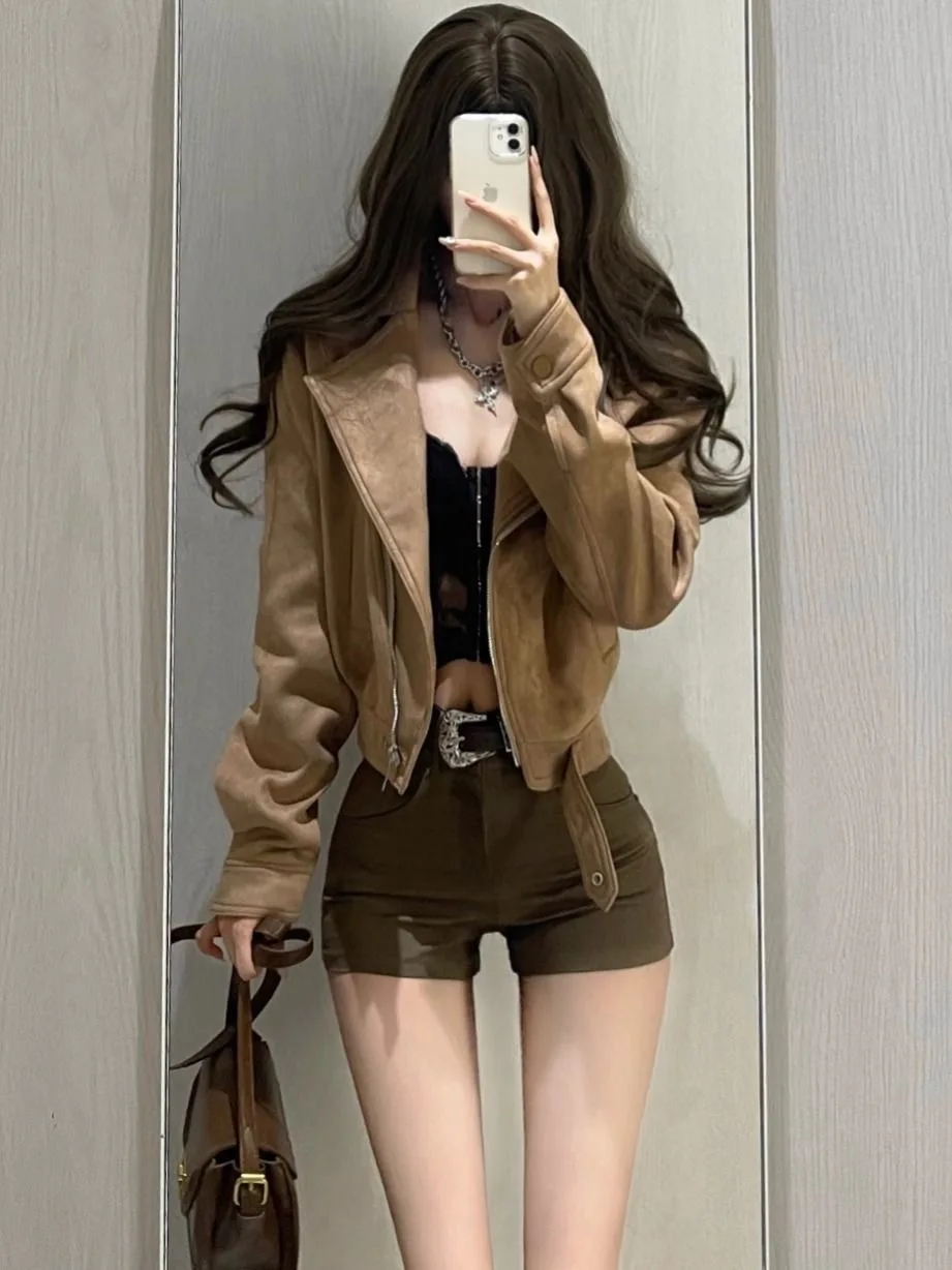 

Retro American Brown Leather Jacket Women's Short Stylish Autumn Winter Motorcycle Clothes Versatile Jacket Top Trendy