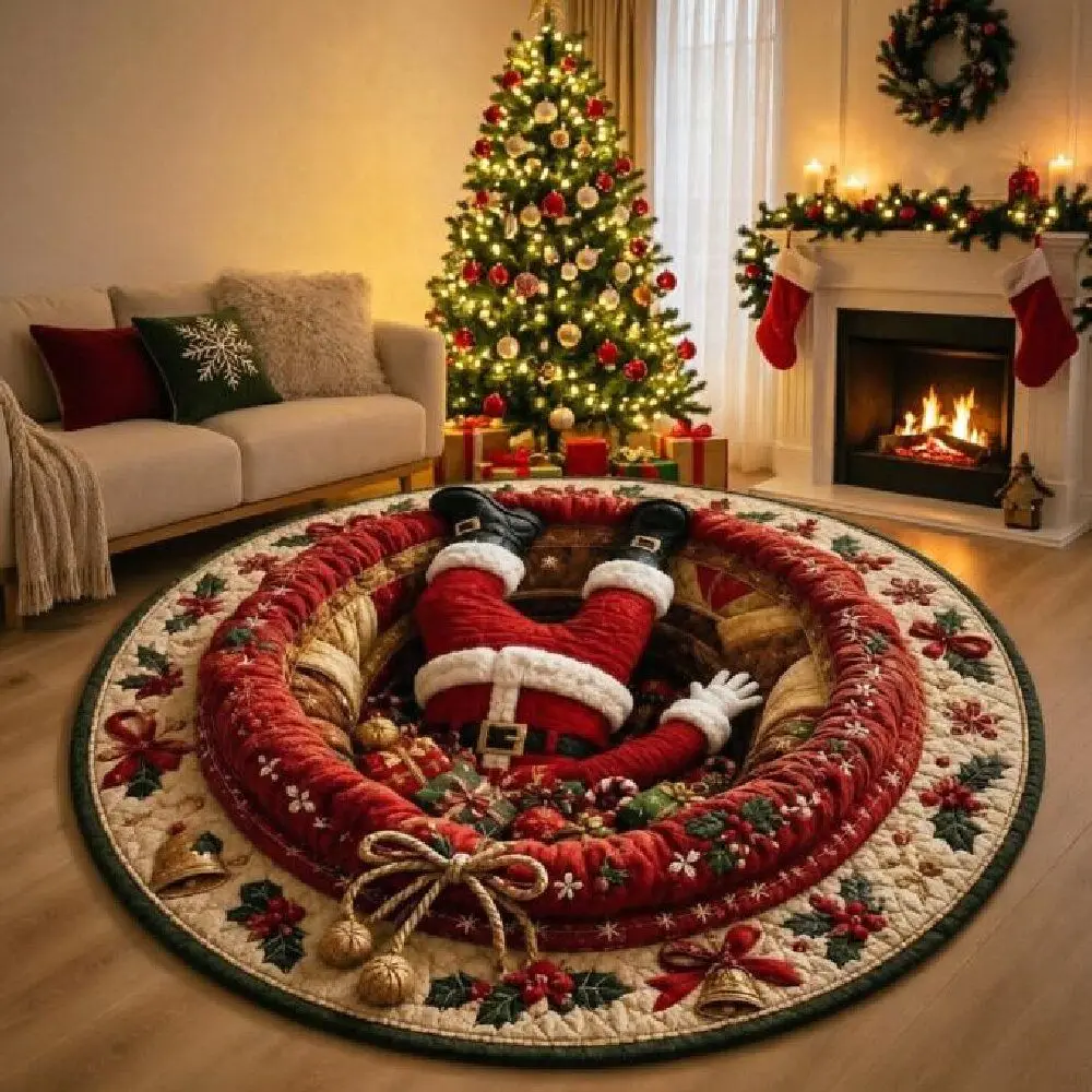 Cartoon Cute 2D Flat Printed Christmas Rug Santa Claus Velvet Christmas Doormat Non-Slip Floor Mat Xmas Home Decor Living Room