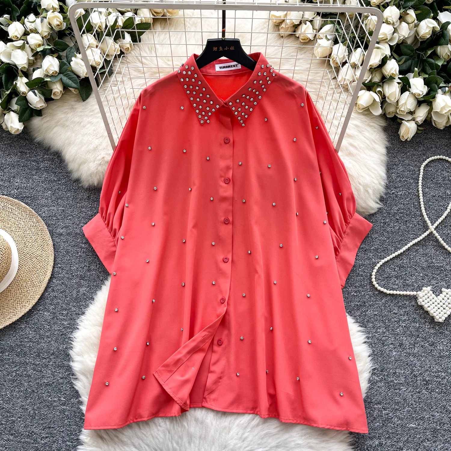 

Vintage rhinestone loose Blouse Slim Elegant Korean Fashion Sexy Summer Women Shirt Femme Blusa