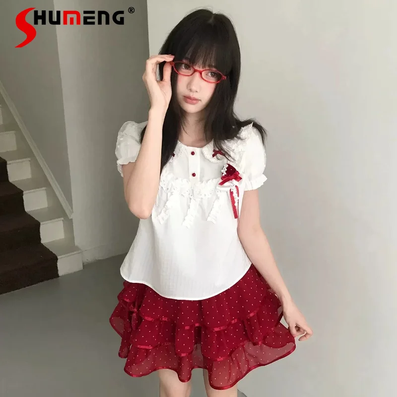 

French Sweet Doll Collar Strawberry Bow Shirt Textured Embroidery Short Top And Half Skirt Set Women's Cute Casual 2 Pcs Outfit