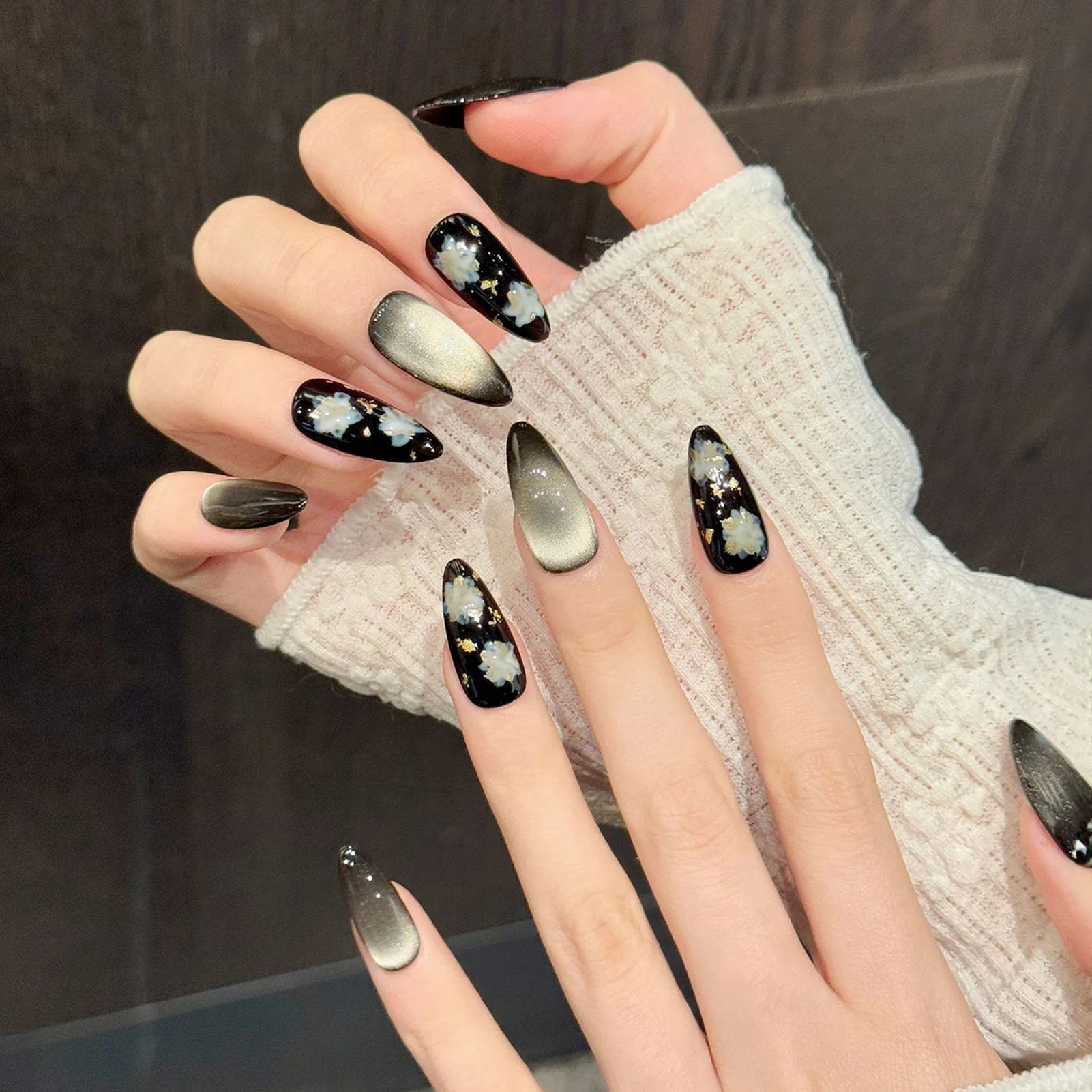 Black-Gold Cat-Eye False Nails 10pcs Handmade European Elegant Almond Press on Nails Full Cover Detachable Fake Nail Patches - view 2