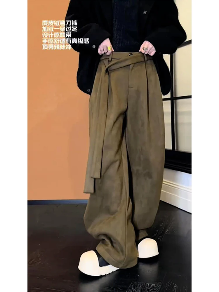 Suede Ribbon Suit Pants For Men, Spring And Autumn Wide Leg Curved Knife Pants High Waist Pants, Hanging Straight Leg Casual