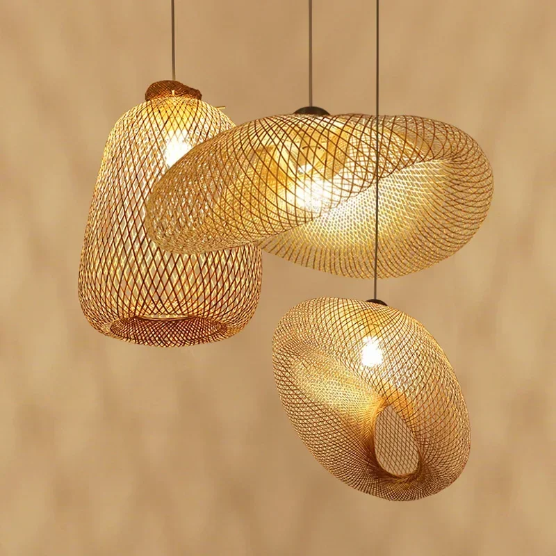 Handmade bambu LED Lustres, tecelagem pingente, pendurado lâmpada, luz de teto, Rattan Woven Fixtures, casa e quarto Decors