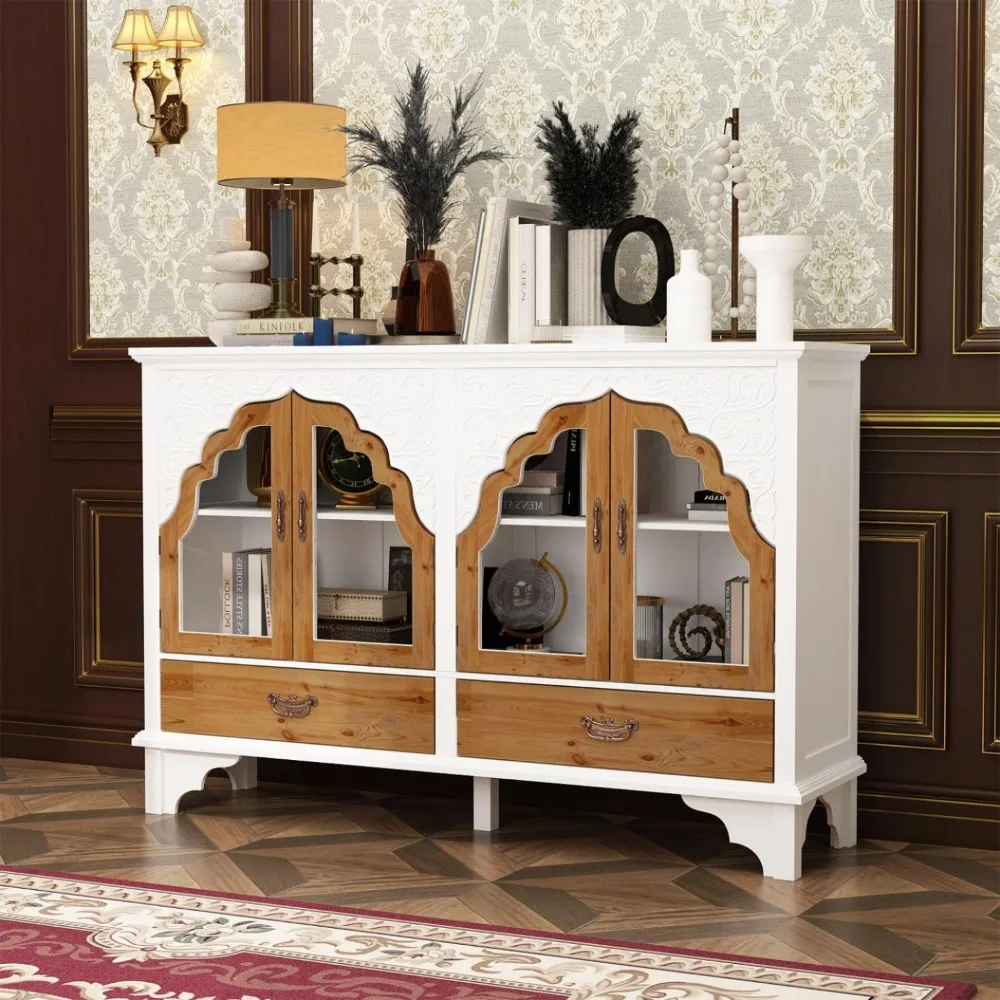 Carved Storage Cabinet with 4 Glass, Pooja Mandir with 2-Tier Shelves, Decorative Cabinet Display Cabinets