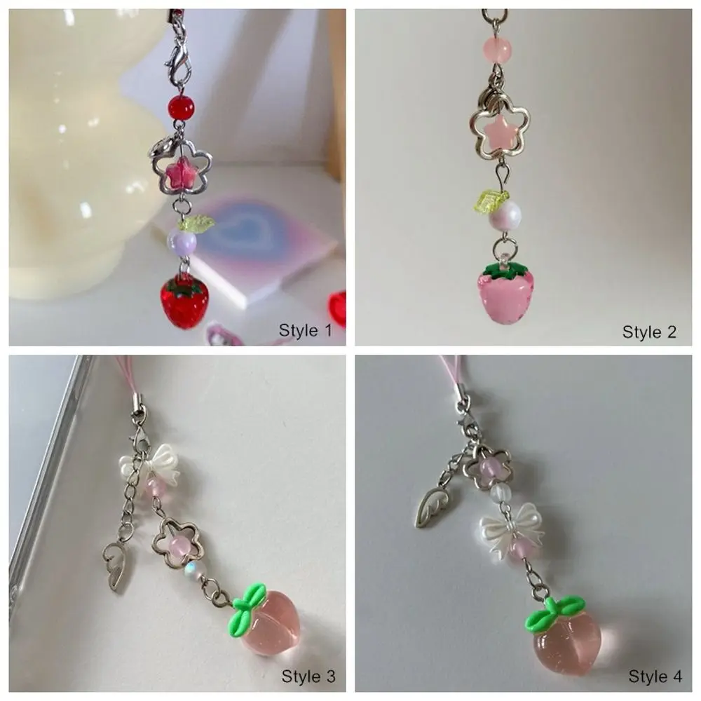 Sweet Y2K Strawberry Phone Lanyard Transparent Pendant Fruits Phone Chain Peach Pink Red Phone Strap Charm Cellphone Keychain