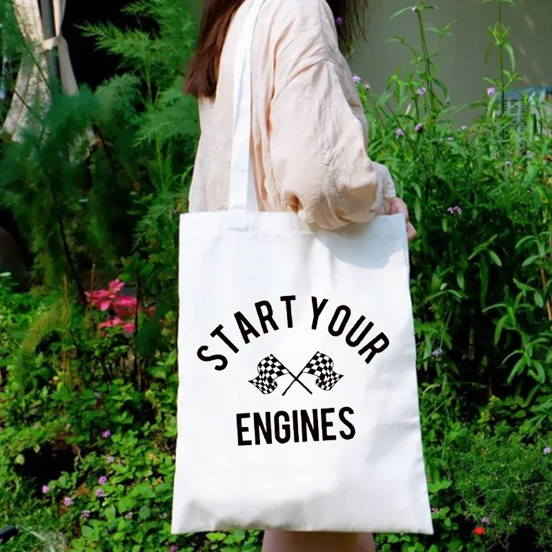 American Flag Canvas Bag Start Your Engines Shopping Bags Reusable Women Love Tote Bag Canvas Holiday Canvas Bag Custom