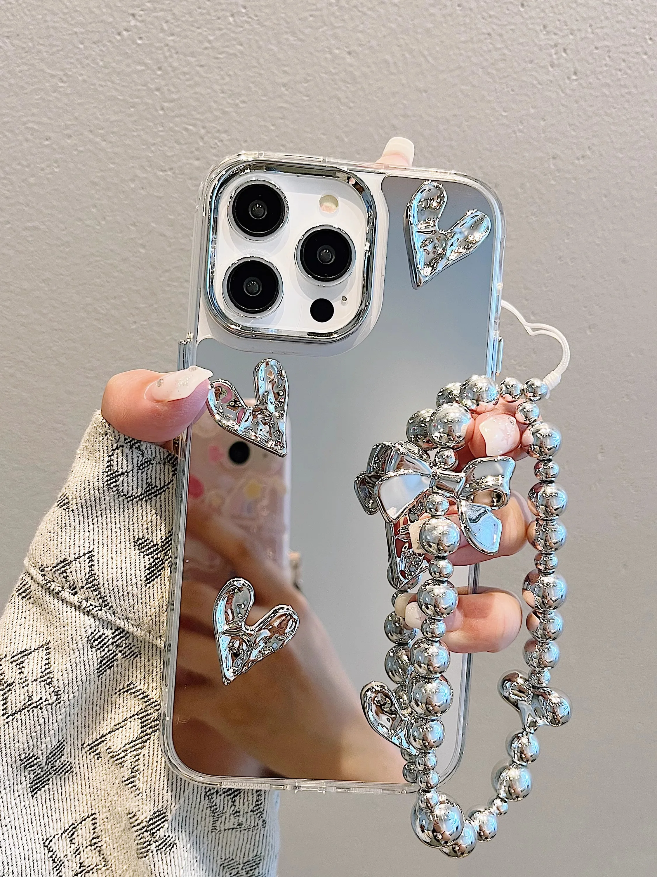 3D Heart with Chain Silver Plated Mirror Case For iPhone 14 15 Pro Max 11 12 13 Pro Max Drop Protection Cover