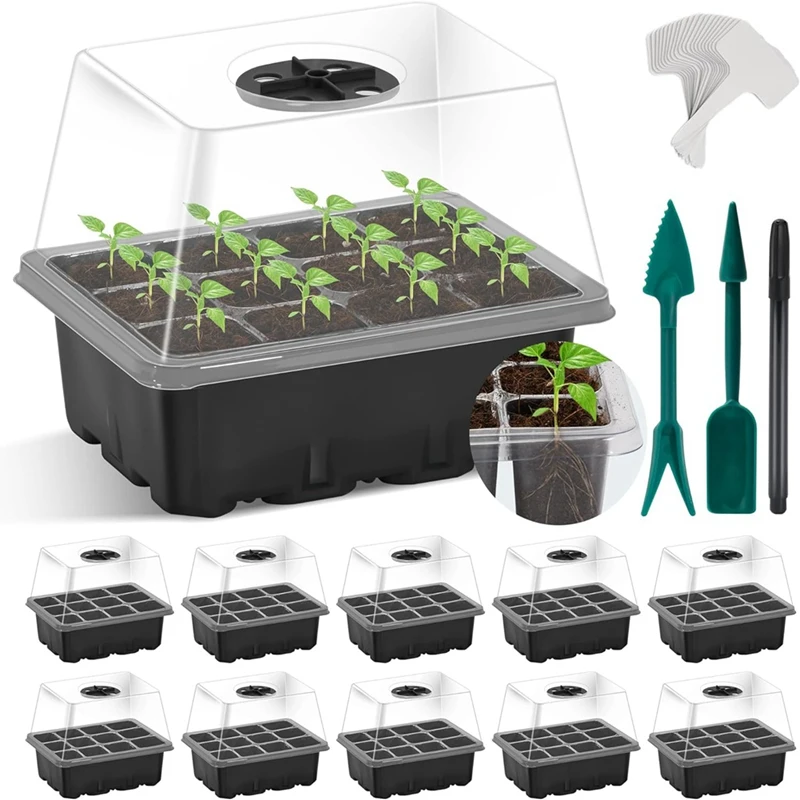 10 Pack Seed Starter Tray, 120 Cells Seed Starter Kit With Humidity Dome, Heightened Lids Seedling Starting Trays