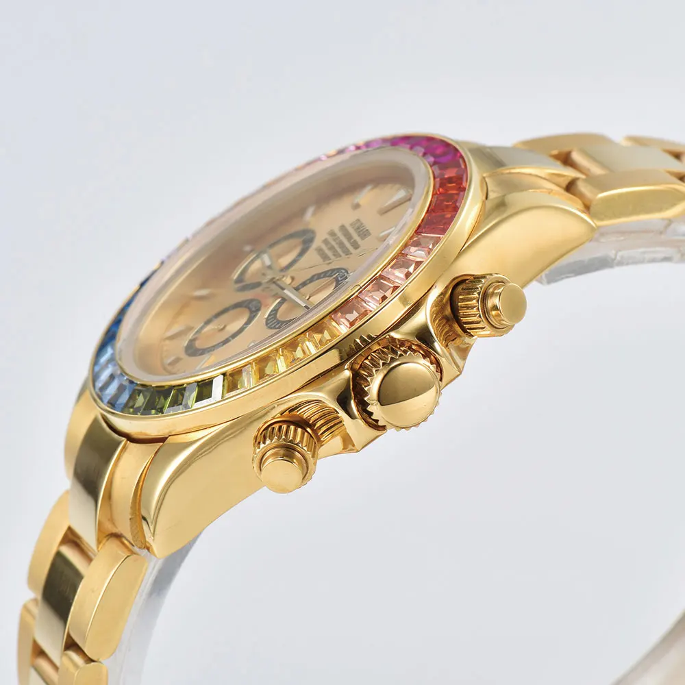 Orologio con gemma a colori di lusso da 39 mm Nuovo cronografo Orologio meccanico impermeabile da uomo in vetro zaffiro Orologio con movimento 7750 / 4613D