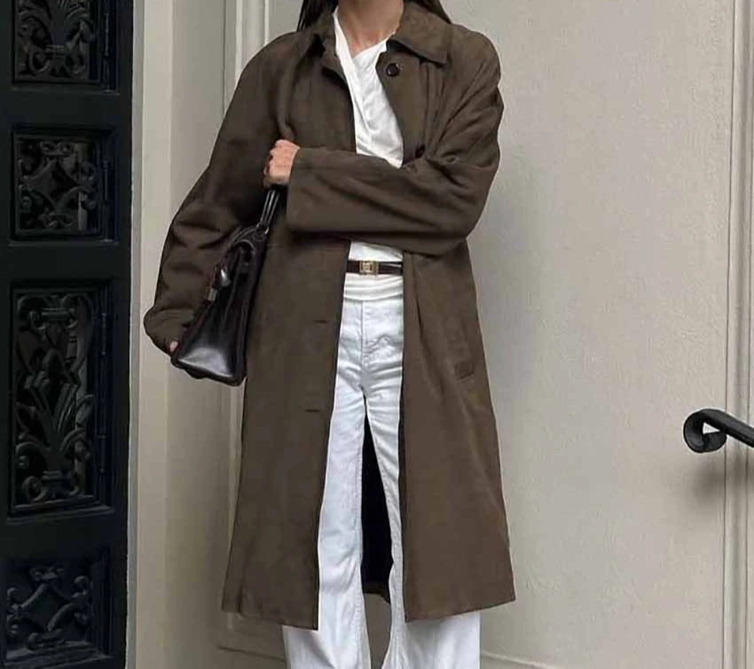 

2025 Autumn Long Coat Women's Casual Versatile Retro Brown Long Sleeved Workwear Windbreaker