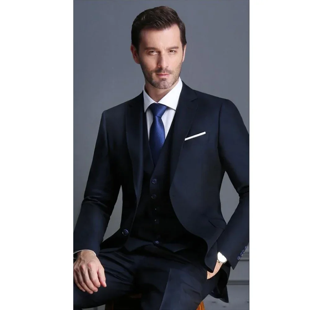 Elegant Suits for Men Navy Blue Fashion 3 Piece High-end Notch Lapel Blazer Vest Pants Business Formal Wedding Tuxedo Male Suit