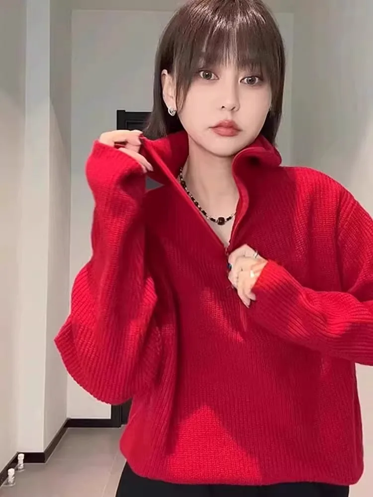 새해 캐주얼 롱 스웨터 여성 니트 지퍼 후드 출퇴근용 레드 컬러 한국 버전