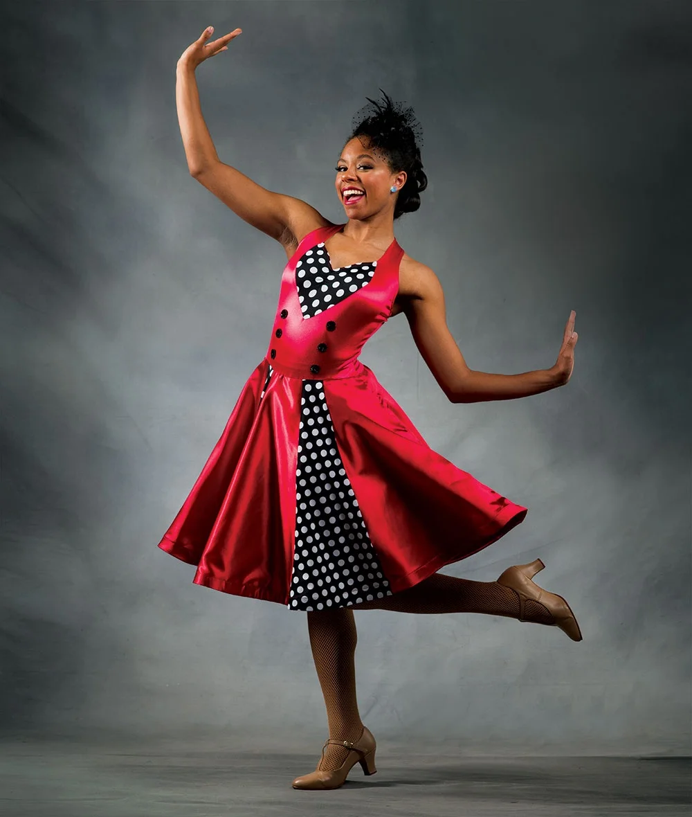 red-patchwork-black-pen-polka-dot-hanging-neck-v-neck-dress-jazz-performance-outfit