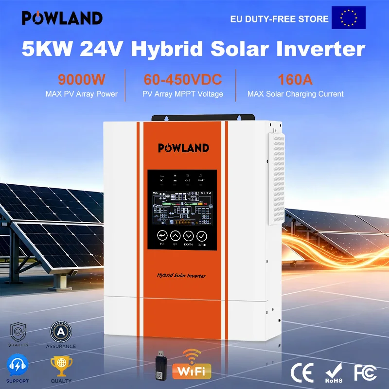 POWLAND 5kW PV hybride omvormer 24V 230V zuivere sinus, netwerkverbinding, werk met één netwerk, MPPT 100A lader, 500VDC zonne-apparaat