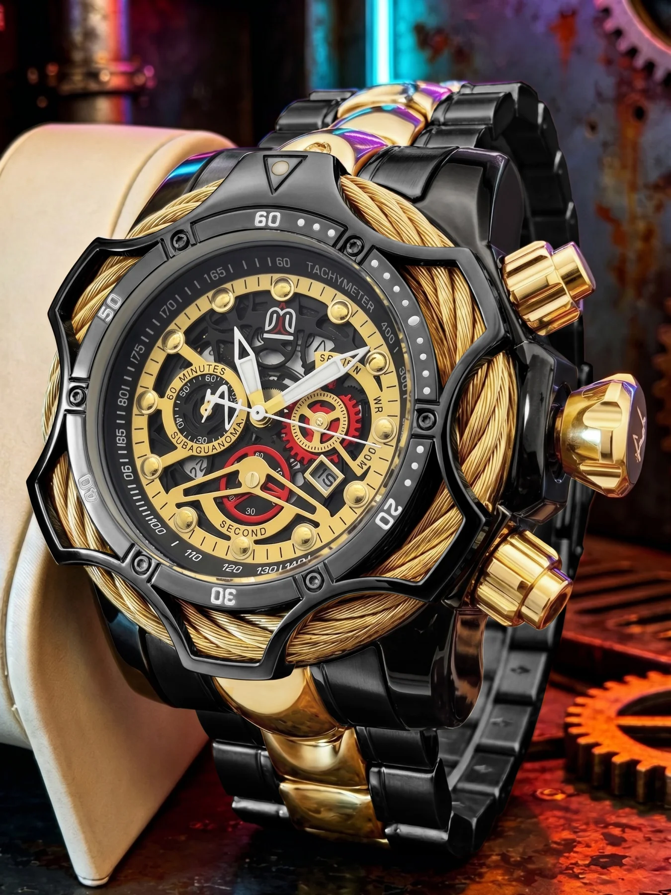

European and American Style Large Dial Men's Quartz Watch, Punk Steel Wire Ring Wristwatch, Calendar Waterproof Luminous Men's Watch, Tough Guy Racing Sports Steel Band Wristwatch, Trendy Business Casual Versatile Men's Wristwatch, Gift for Men