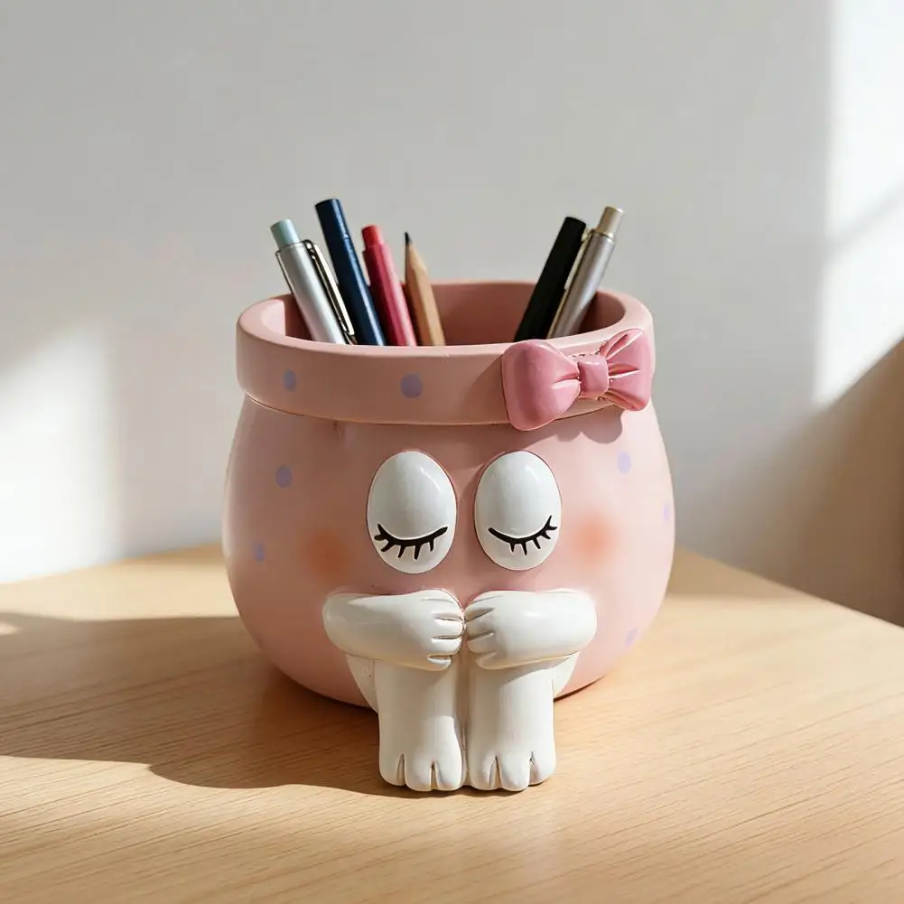 Girly Room Decor Cute Cartoon Girl Pen Holder Resin Makeup Brush Organizer Decorative Desktop Storage Bucket with Bow for Home