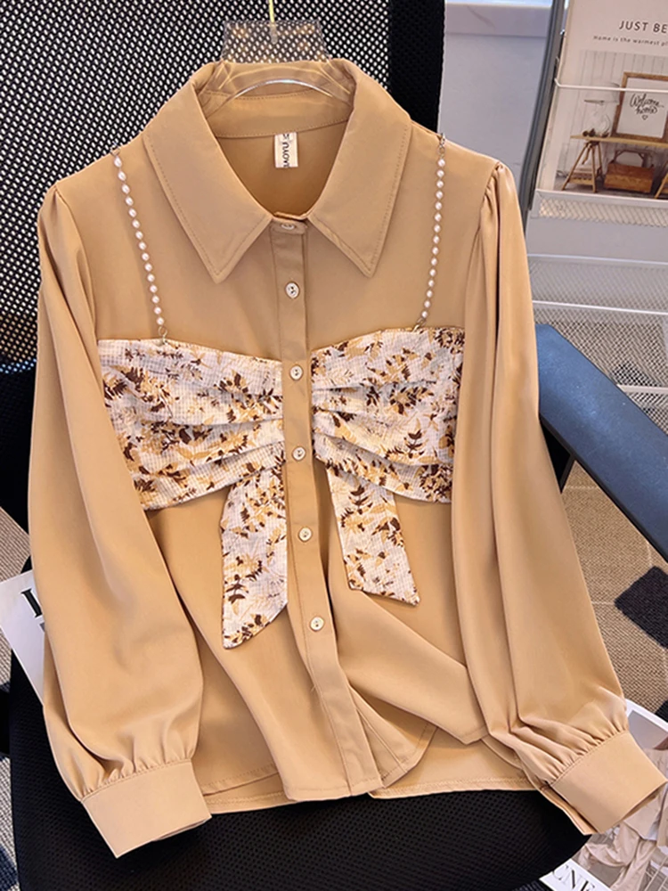 Spring New Fashion Fake Two-Piece Nail Bead Bow Bubble Sleeve Women's Top Korean Versatile and Chic Solid Color Women Shirt