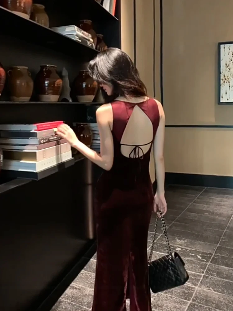 

Потрясающее красное бархатное платье для женщин: осеннее, сшитое из разных тканей, элегантное, с длинной юбкой-русалкой, мягкое, средней эластичности