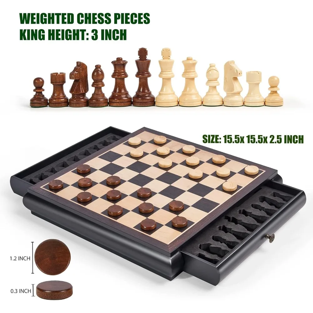 Wooden Chess Checkers Game Set 15.5