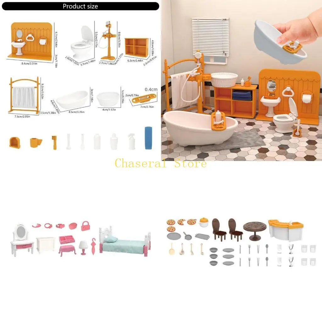 

E7CE Children Roleplay Game Dollhouses Miniature Furniture Set for Bathroom/Kitchen/Living Room/Bedroom Scene Decoration