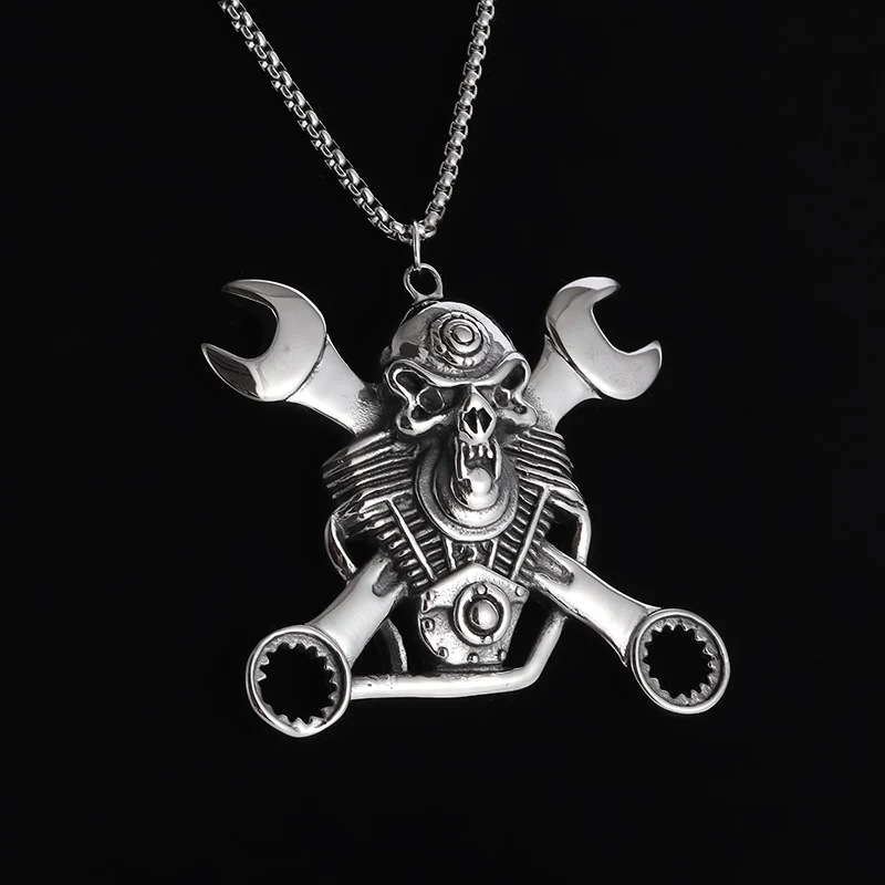 Vintage Goth Mechanical Wrench Gear Skull Pendant Stainless Steel Necklace for Men Women Rider Biker Punk Jewelry Ideas Gift