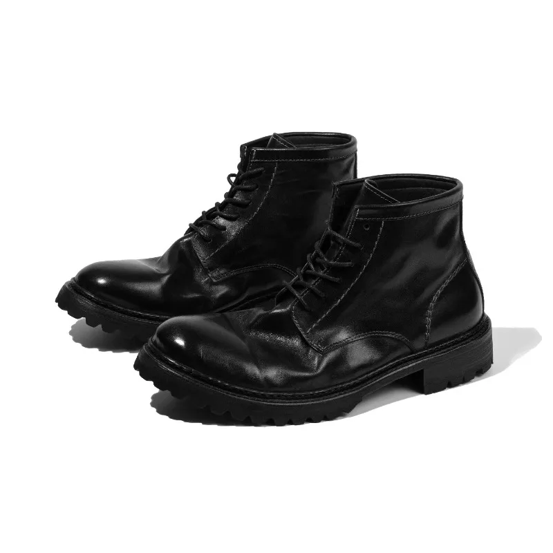British Style Horse Leather Shoes Men's High Top Handmade Genuine Leather Work Boots Male Casual Outdoor Motorcycle Boots Youth
