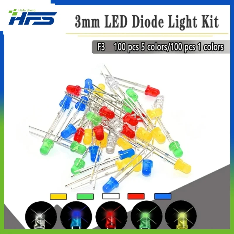 100PC/Lot 5MM F3 3mm LED Diode Light Assorted Kit Green Blue White Yellow Red COMPONENT DIY kit