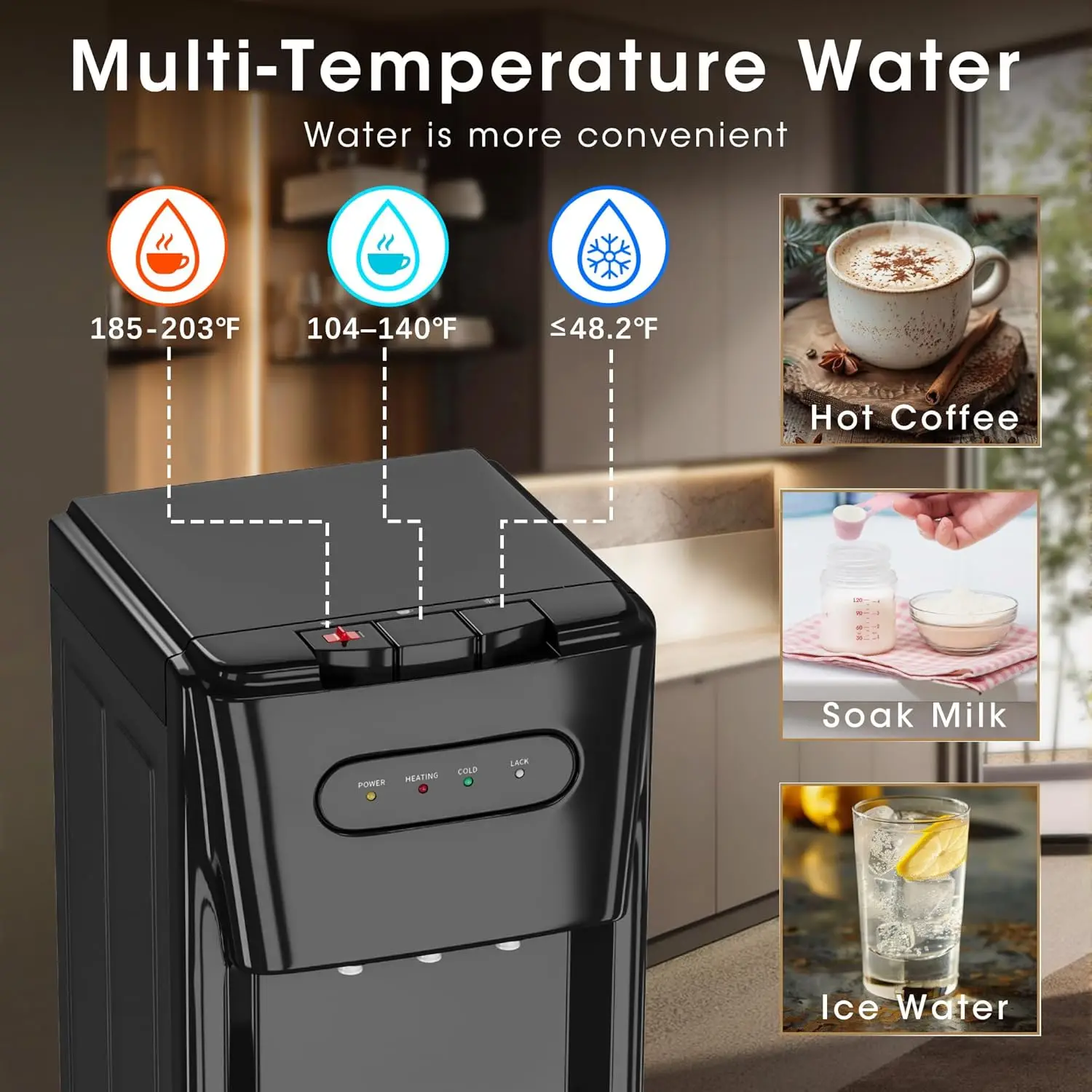Bottom Loading Water Cooler Dispenser for 3 or 5 Gallon Bottles - Water Dispenser with Hot,LED Display with Empty Bottle Alert,  Safety Lock, Mat Black