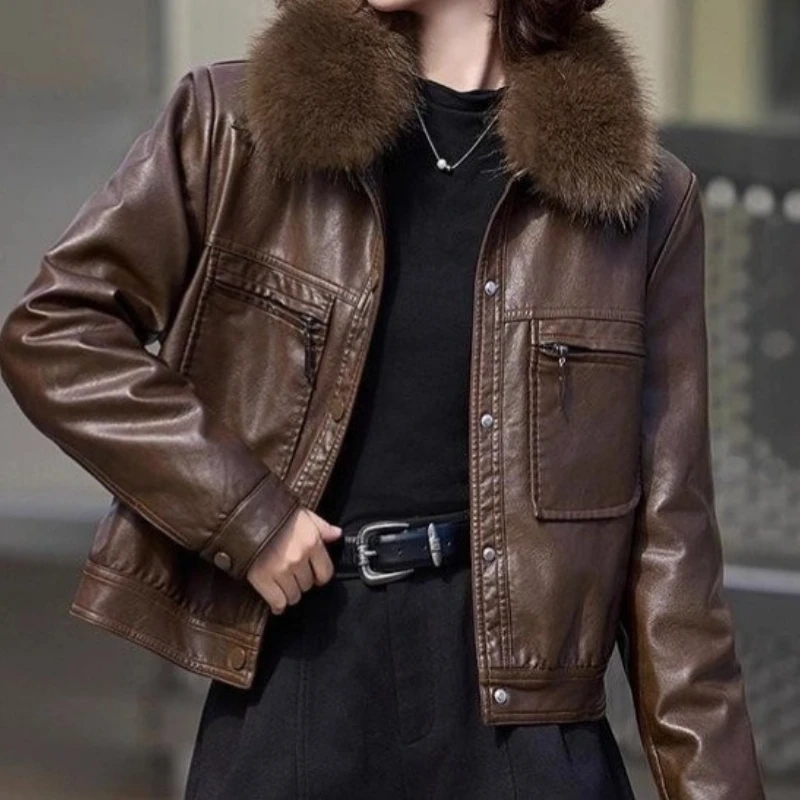 

Autumn Winter Fashion Short Leather Jacket Women's Fleece Thicken PU Coat Fur Collar Loose Tops Streetwear Lady Outerwear 2025