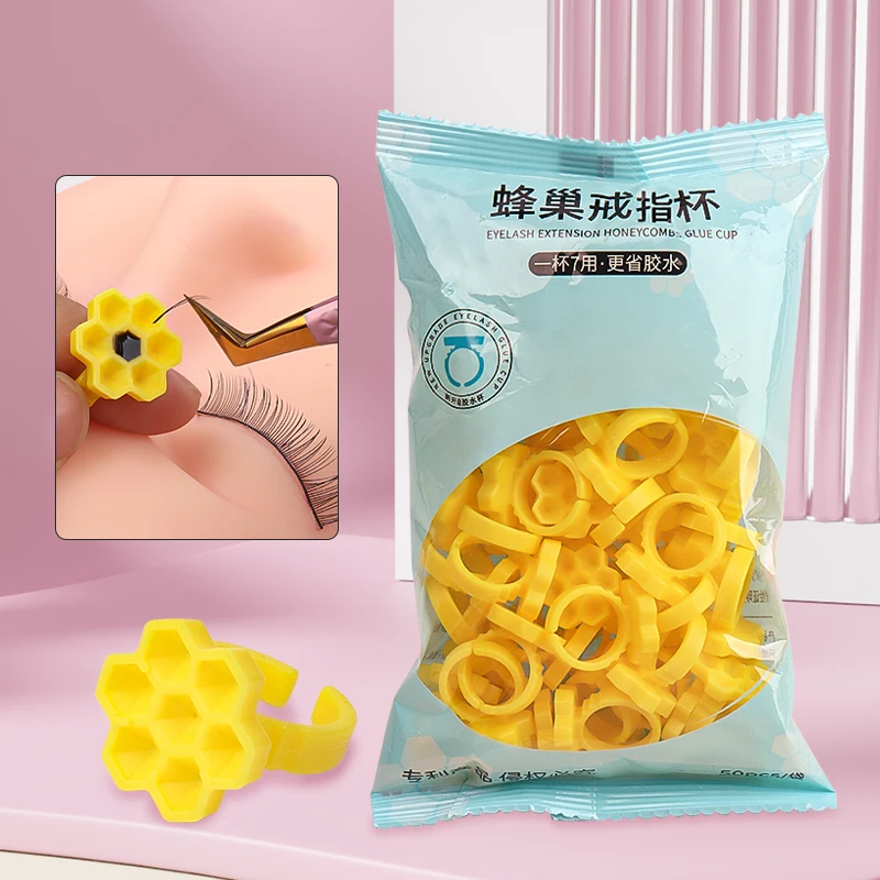 50pcs 7 Hole Honeycomb Lash Glue Ring Cups Disposable Eyelash Extension Glue Delay Cup Finger Ring Glue Holder Save Glue Tools - view 2