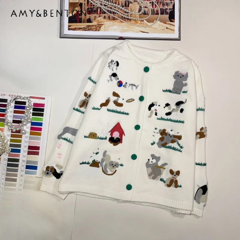 

2024 Autumn New Top Sweater Korean Style College Age-reducing Cartoon Childlike Embroidery Loose Retro Fashion Cardigan Knitwear