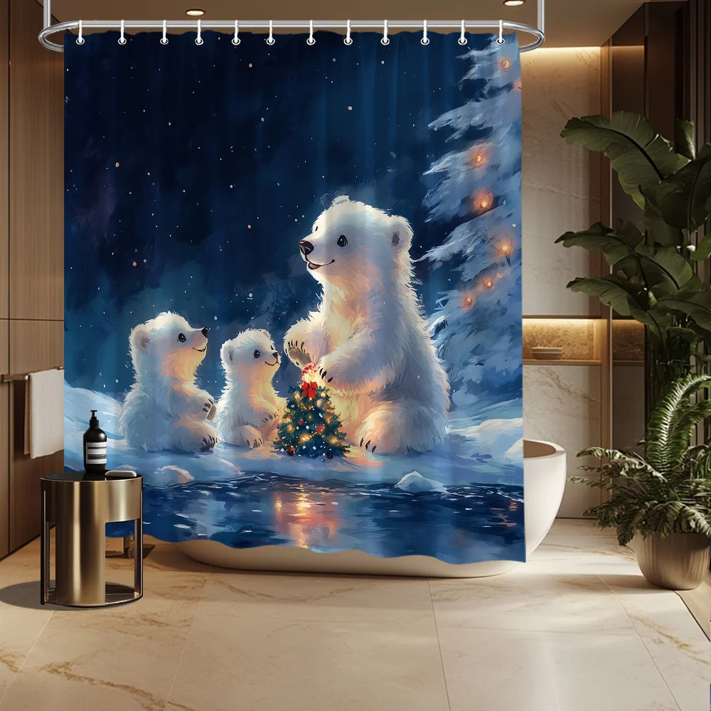 1pc Christmas Polar Bear Shower Curtain, Polar Bears Around Christmas Tree Starry Sky Warm Lights, With 12 Hooks, Bathroom Decor