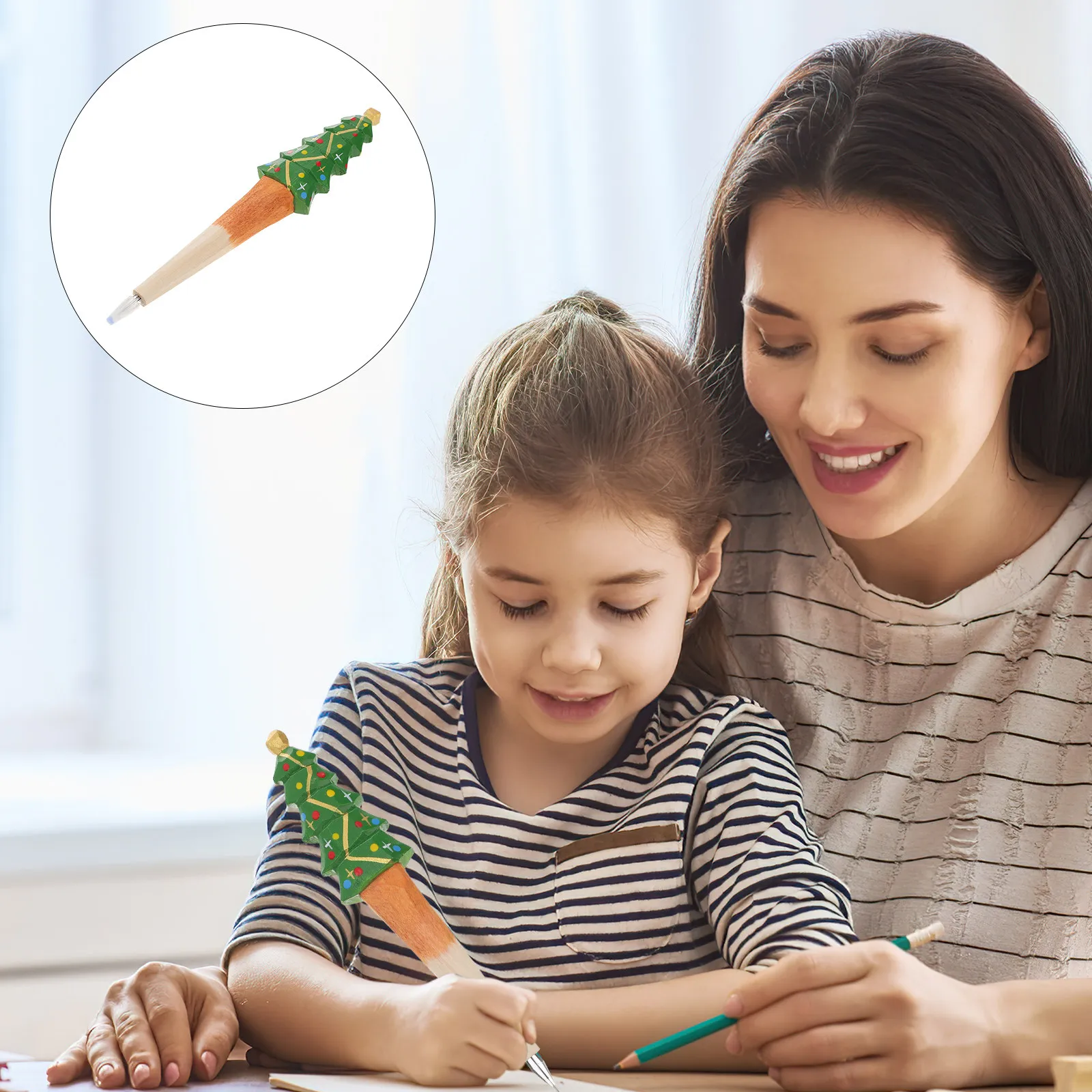 Wooden Christmas Pen with Santa, Snowman & Tree Carving – Smooth Writing Festive Gift for School