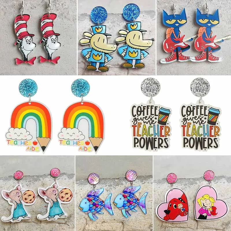 Pendientes de profesor de margaritas de clase, guitarra, gato, diablo, pez, profesor, sujetando paraguas, arcoíris, libro de lápices, corazón, pendiente para estudiante, regalo