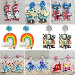 Class Grade Daisy Teacher Earrings Guitar Cat Devil Fish Teacher Holding Umbrella Rainbow Pencil Book Heart Student Earring Gift