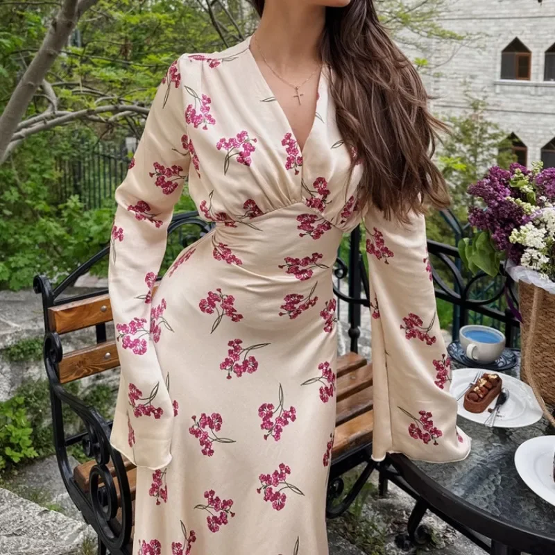 Moulante sirène invité célébrité étage longueur robe élégante femmes Satin Corset Maxi robe Sexy à manches longues col en V froncé imprimé