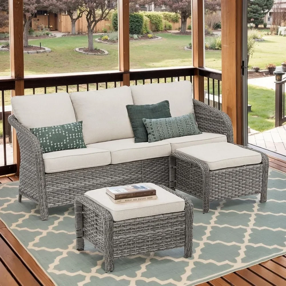 3 Piece Patio PE Wicker 3-seat Sofa, 73.6'' Long Outdoor Couch Patio Sofas with 2 Ottoman, Barrel-Shaped Wicker Sofa