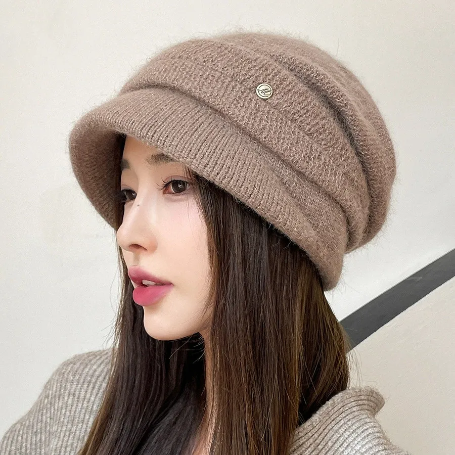 High-end luxury rabbit fur baseball hat for girls and women winter ear protection fleece-lined outdoor warm knitted Beanies