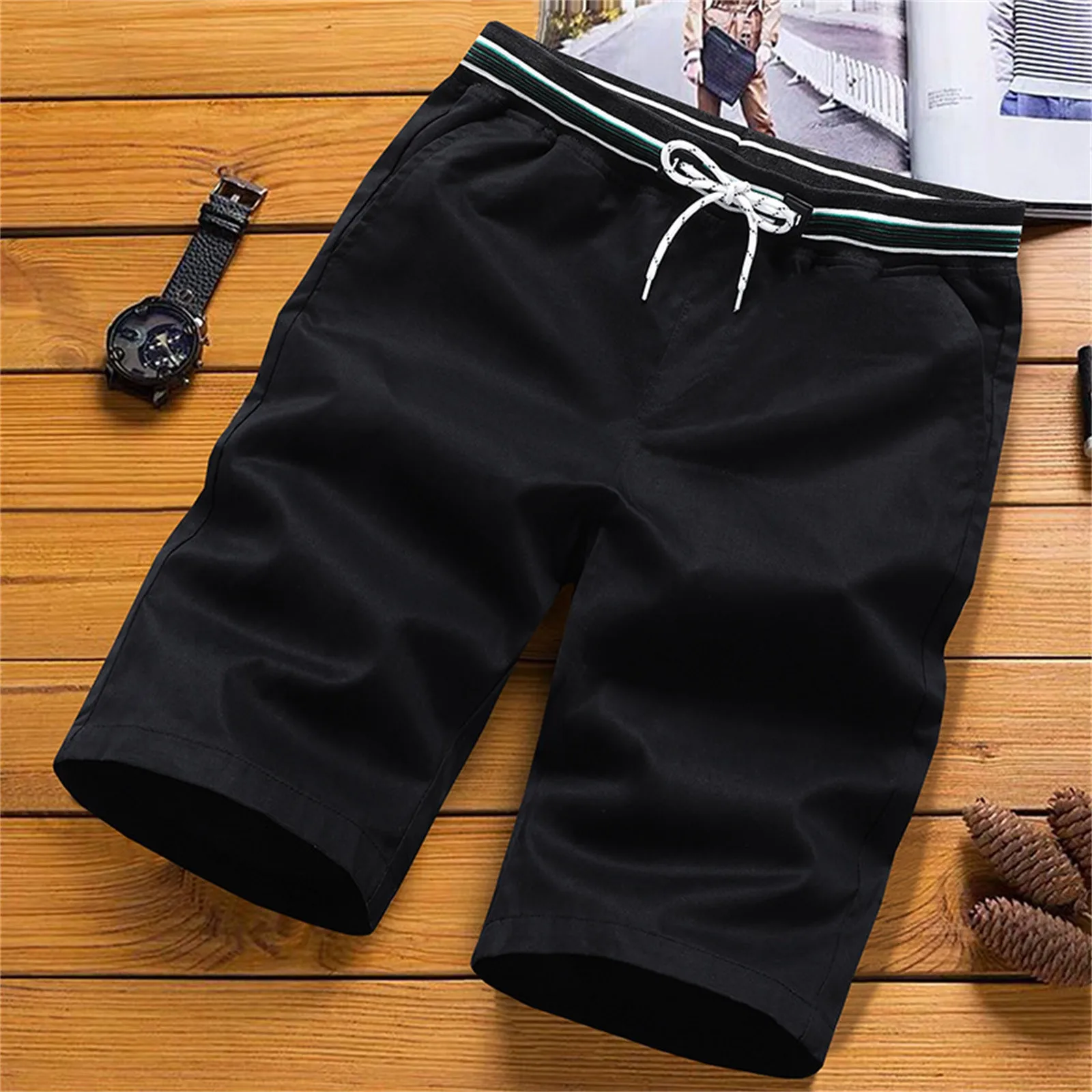 Drawstring Elastic High Waisted Straight Shorts Men Solid Color Loose Casual Shorts with Pockets Outdoors Knee Length Shorts