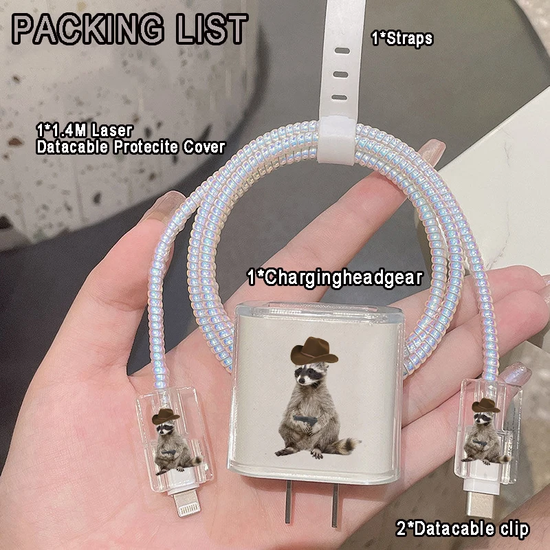 Funny Raccoon Charger Protection Case for IPhone 15 14 13 Pro Max 18/20W Charger&Charging Protector Data Wire Winder Cute Animal