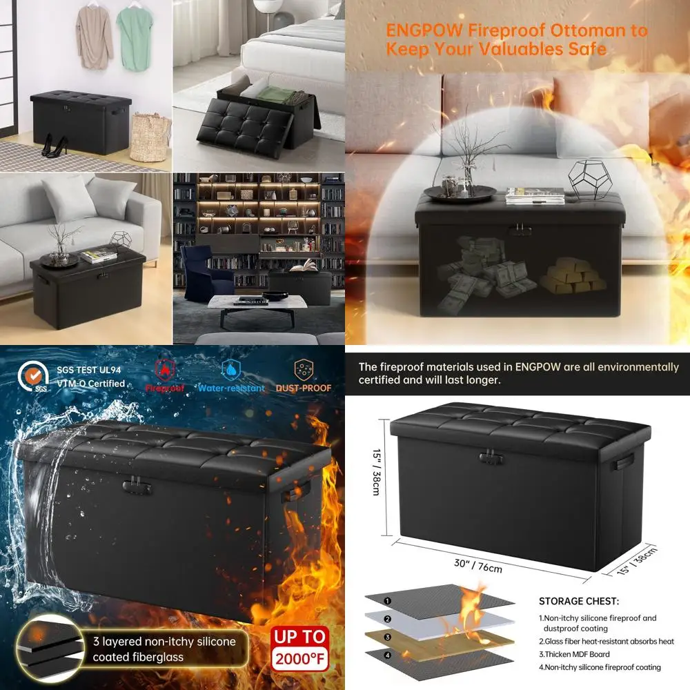 

Fireproof Folding Storage Ottoman, 30-Inch Waterproof Chest with Lock, Leather Footrest Stool for Bedroom, Safe for Documents an