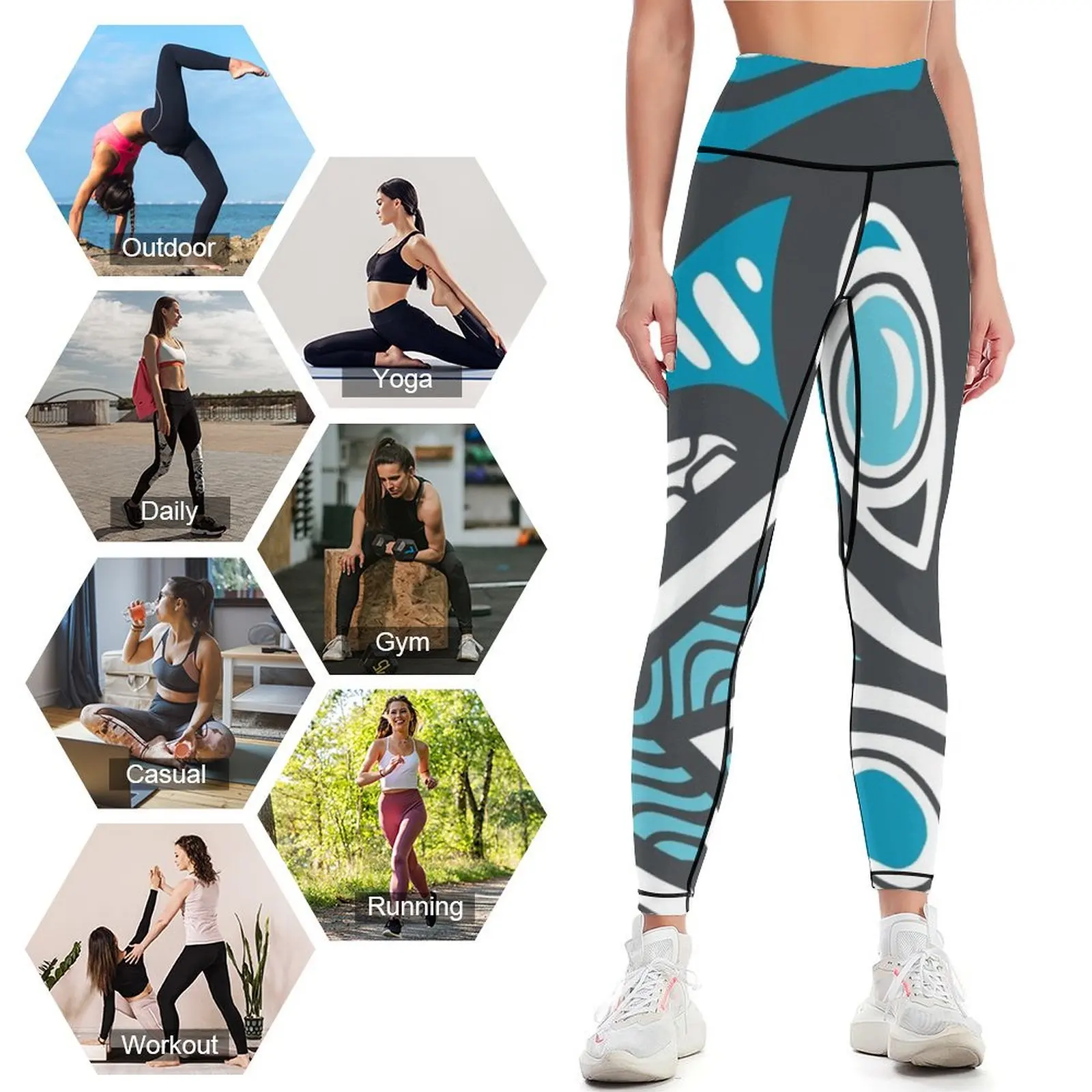 Orca-Emblema animal xamânico para mulheres, leggings cinza e azul, roupa de ginástica de cintura alta