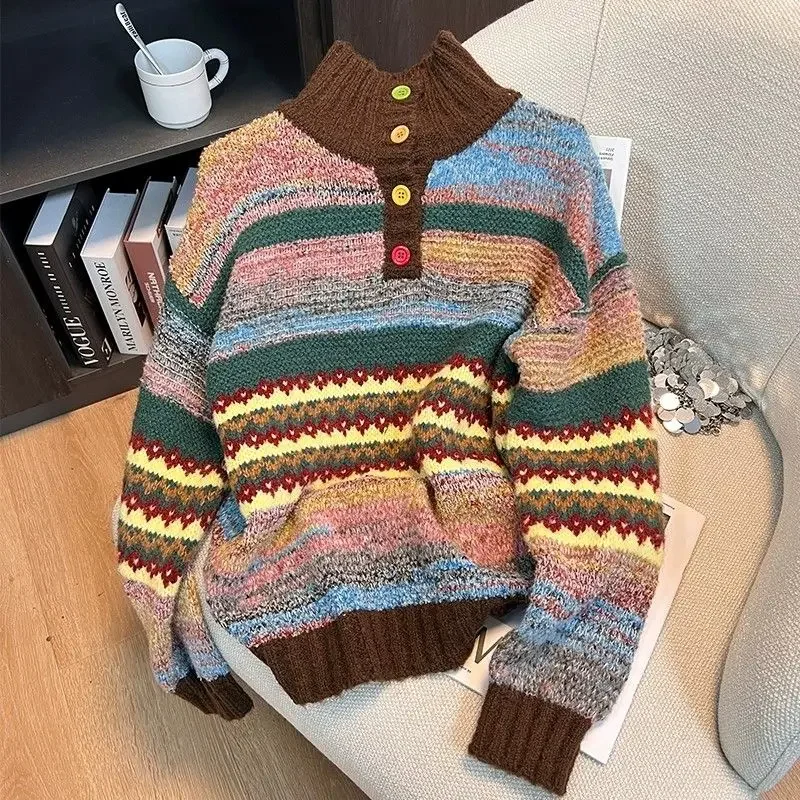 Korean Vintage Fashion Loose All-match Striped Half Height Collar Pullovers Autumn Winter New Women Multicolor Sweater Coat Tops