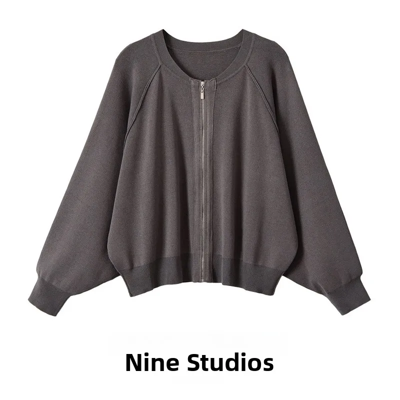 NINE ZAR Women's Long Sleeve round Neck Knitted Loose Flight Jacket Outerwear Comfortable Fit Zipper Closure Winter Coat