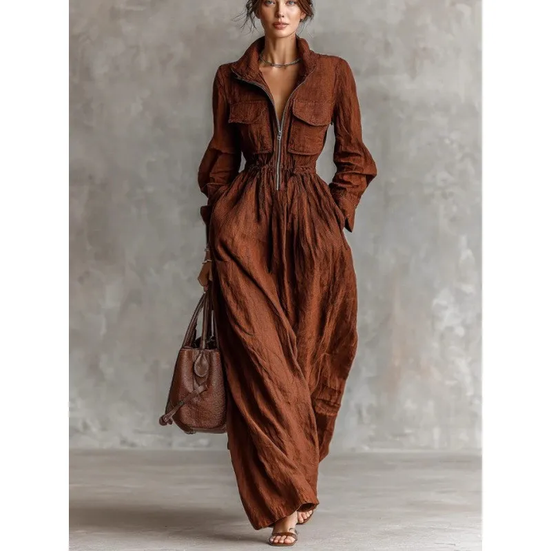 2026 New Women's Autumn/Winter Work Dress Solid Color Collar Casual Waist Versatile Simple Daily Commuter Long Fashion Vestidos